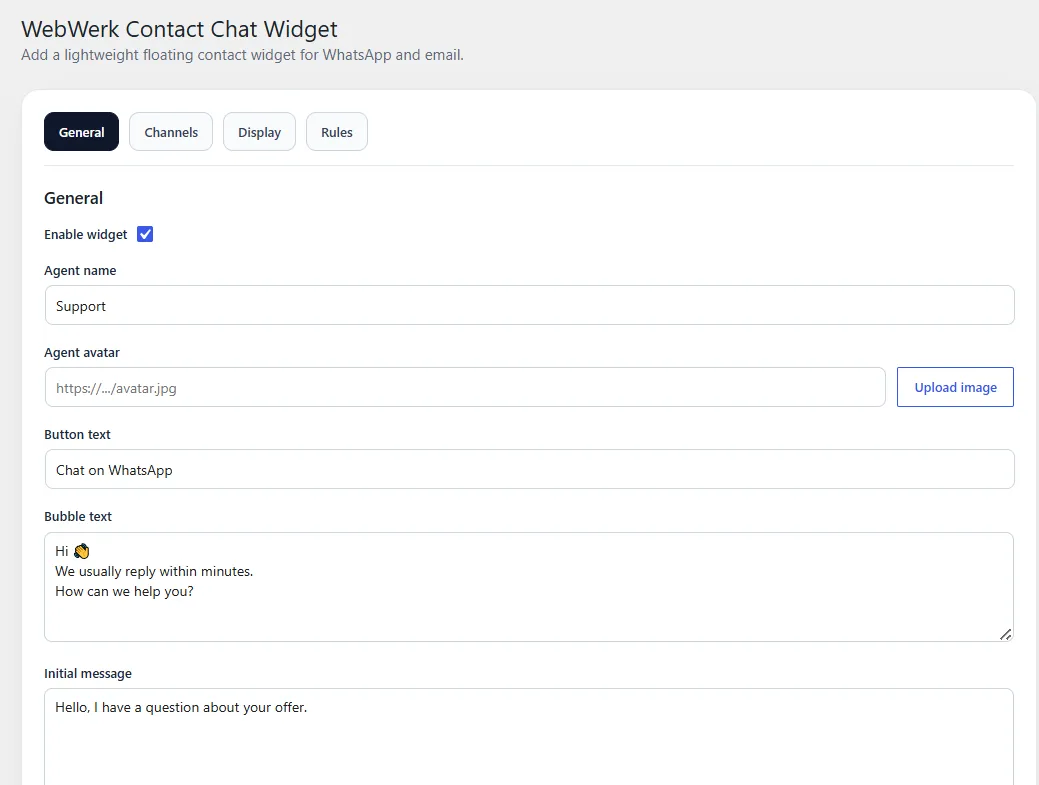 WebWerk Contact Chat Widget Free – Einstellungen „Allgemein“: Agentenname, Avatar, Button- und Bubble-Text
