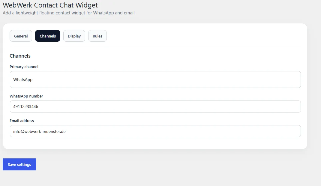 WebWerk Contact Chat Widget Free – Kanäle: WhatsApp-Nummer und E-Mail-Adresse