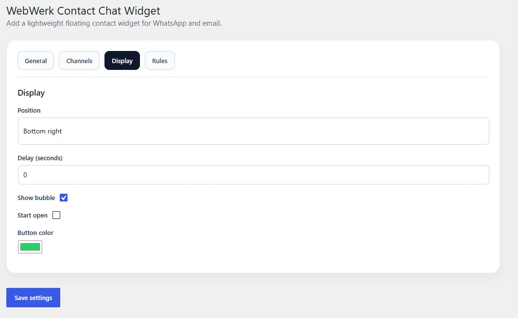 WebWerk Contact Chat Widget Free – Anzeige: Position, Verzögerung, Bubble und Button-Farbe