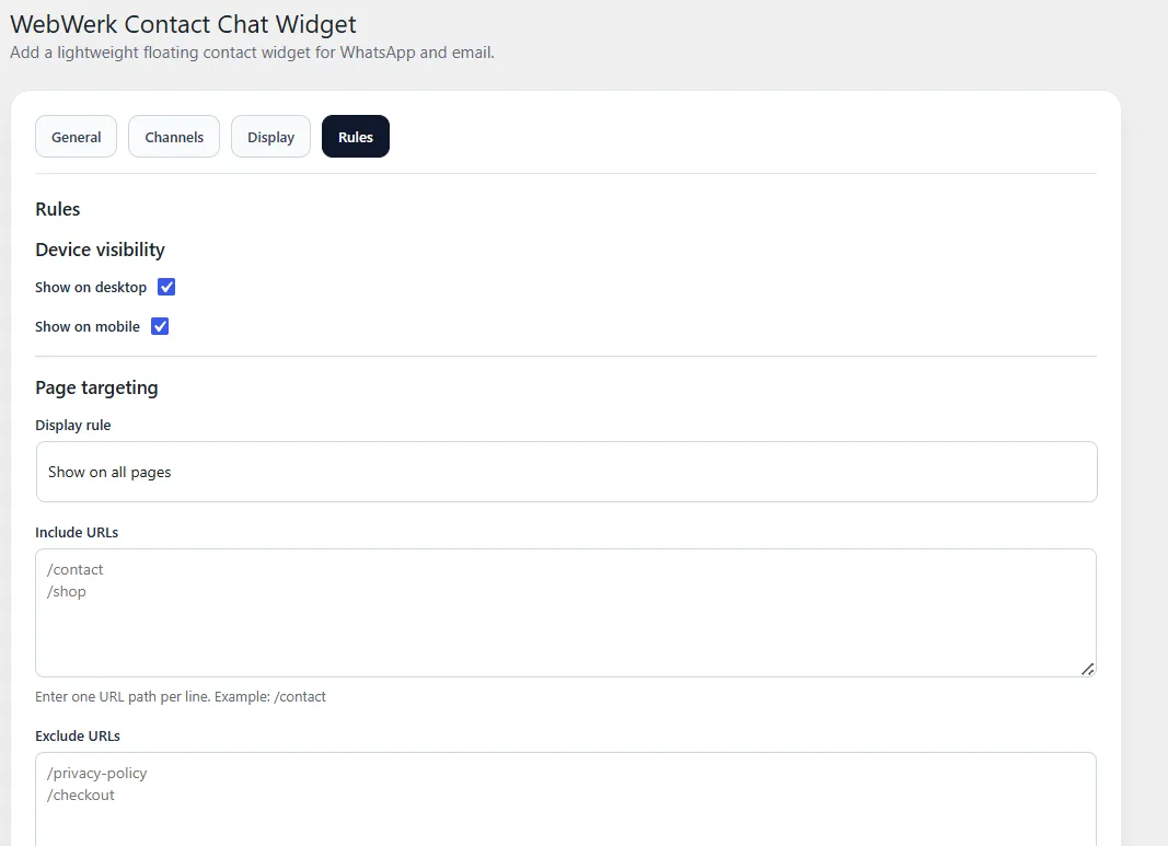 WebWerk Contact Chat Widget Free – Regeln für Desktop, Mobil und Seiten-Targeting
