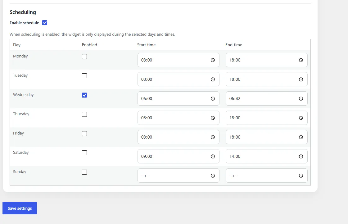 WebWerk Contact Chat Widget Free – Zeitplan mit Wochentagen und Uhrzeiten