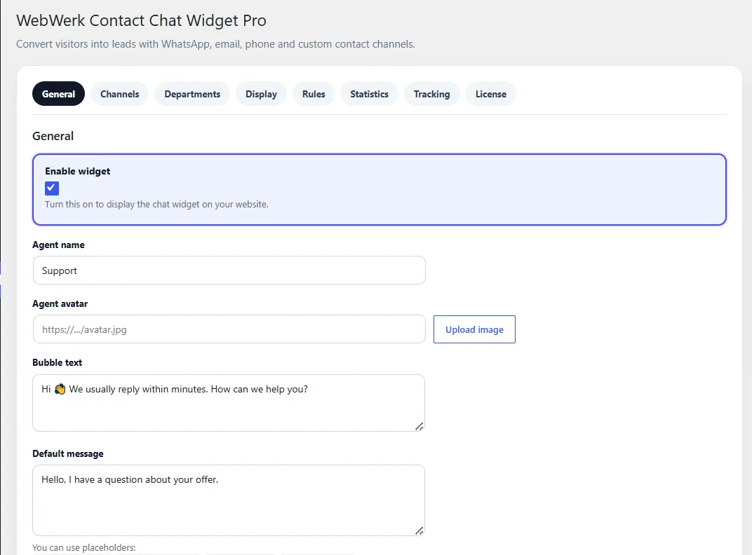 WebWerk Contact Chat Widget Pro – Einstellungen „Allgemein“ mit Agentenname, Avatar und Bubble-Text