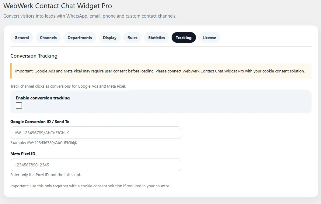 WebWerk Contact Chat Widget Pro – Conversion-Tracking für Google Ads und Meta Pixel