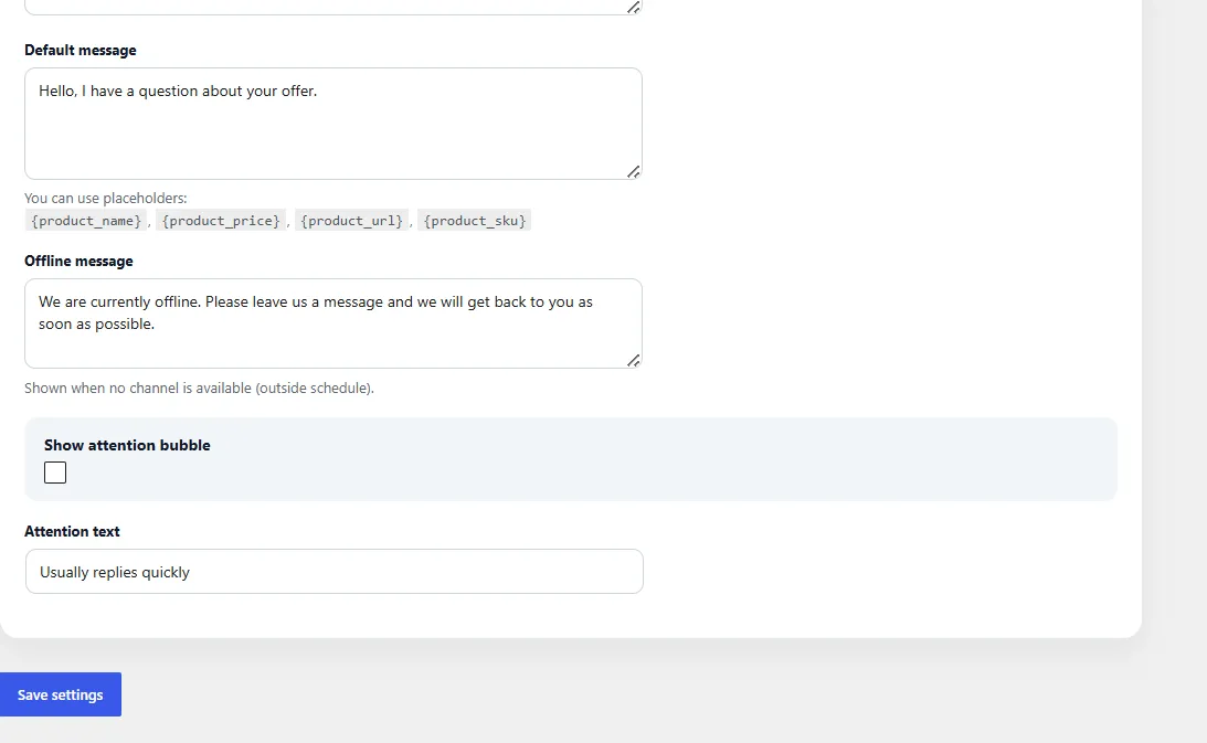 WebWerk Contact Chat Widget Pro – Standardnachricht, Offline-Nachricht und Aufmerksamkeits-Text