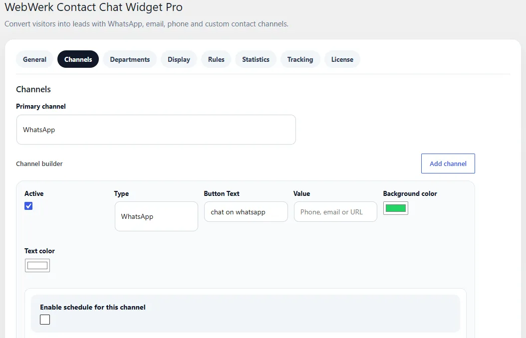 WebWerk Contact Chat Widget Pro – Channel-Builder mit WhatsApp-Kanal