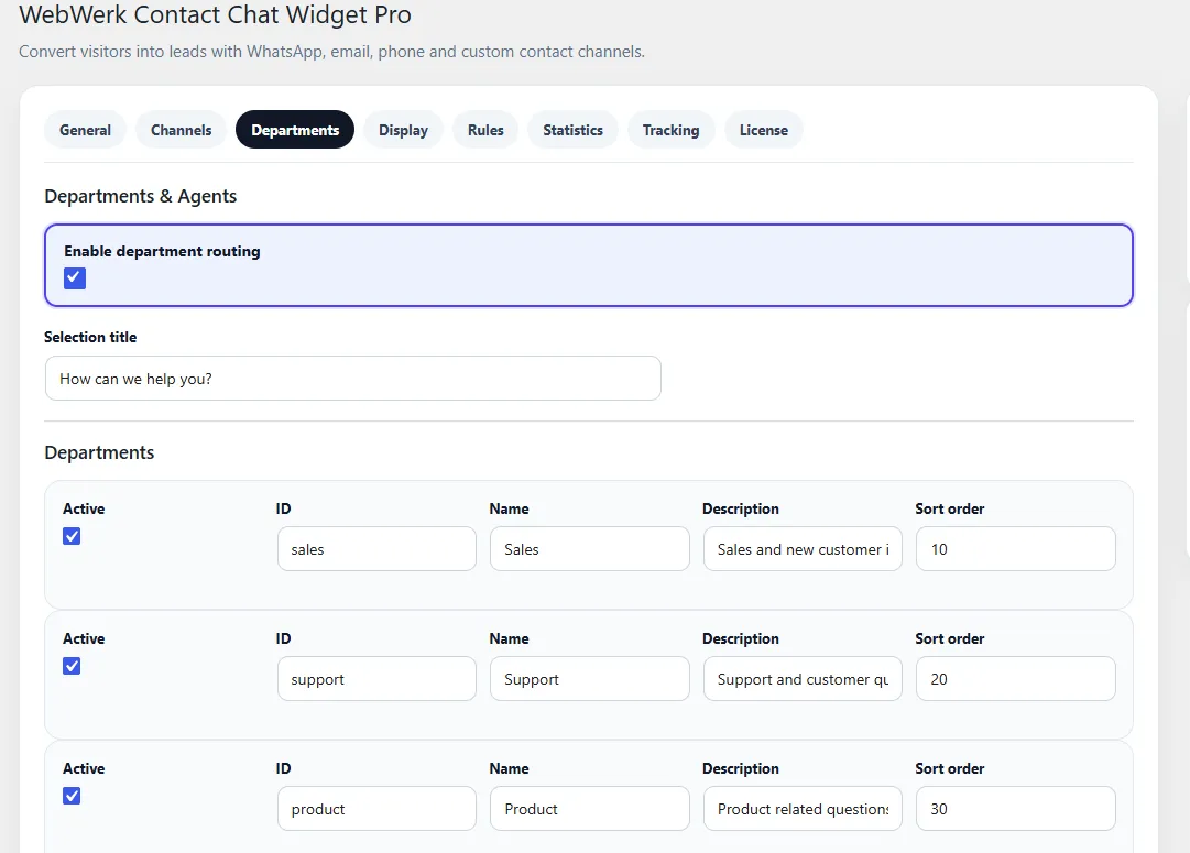 WebWerk Contact Chat Widget Pro – Abteilungs-Routing für Vertrieb, Support und Produkt