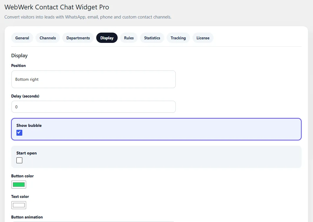WebWerk Contact Chat Widget Pro – Anzeige: Position, Bubble, Start-Zustand und Button-Farbe