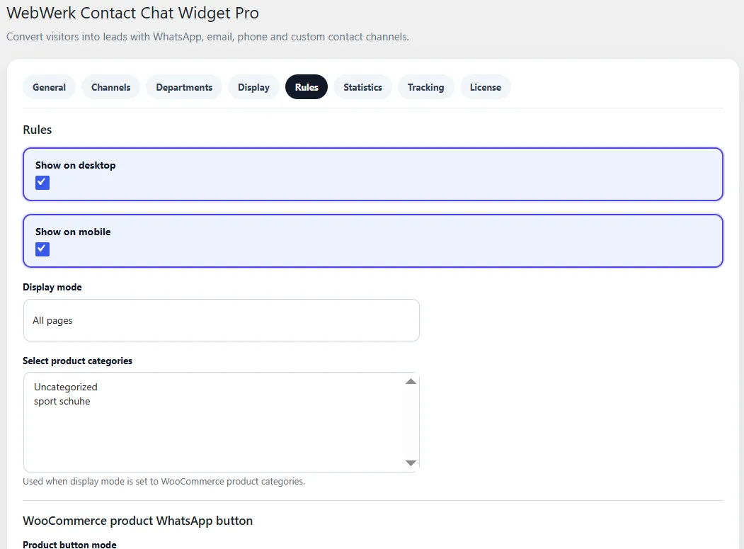WebWerk Contact Chat Widget Pro – Regeln inklusive WooCommerce-Produktkategorien