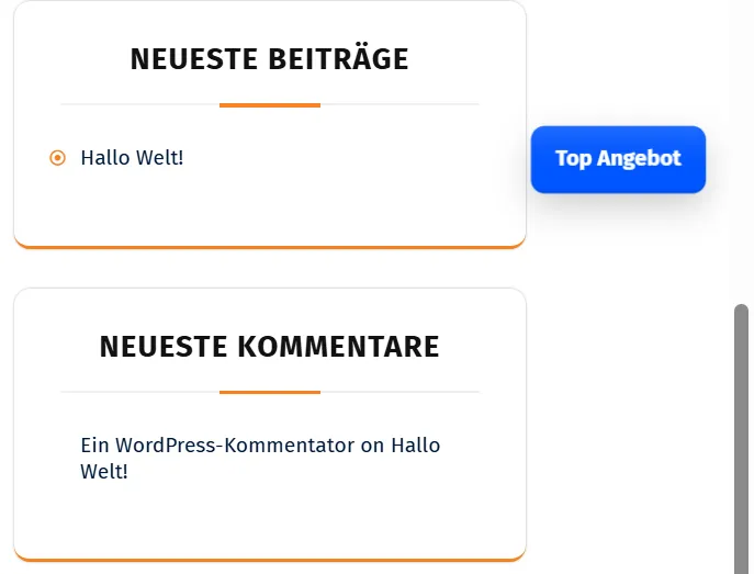 Beispiel: Sticker „Top Angebot“ neben einer Beitragsliste auf einer WordPress-Seite