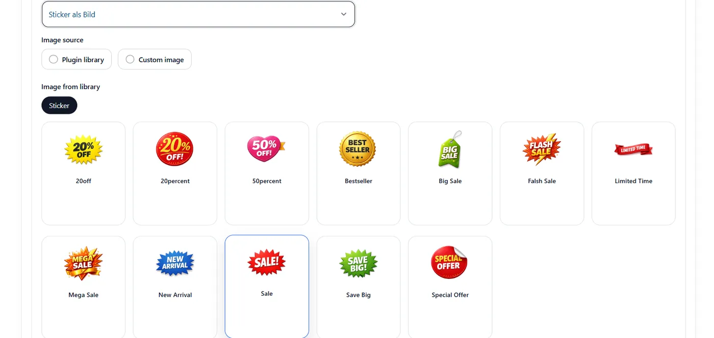 WebWerk Stickers & Overlays Pro – Sticker-Bibliothek mit Aktionssymbolen wie Sale und Rabatt